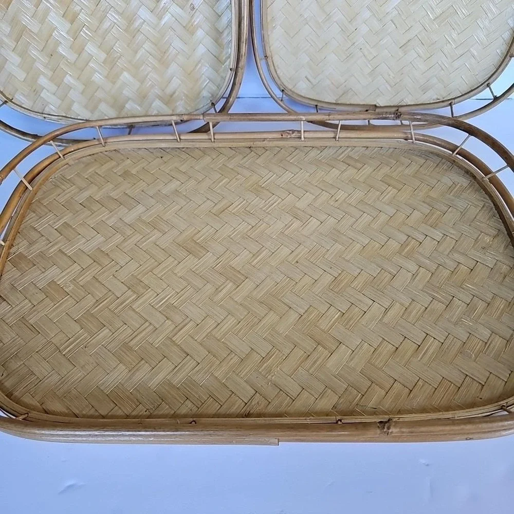 Vtg MCM Bamboo Wicker Lap Trays Tiki Bar Serving Tray Set of 5 Boho Shabby 1677